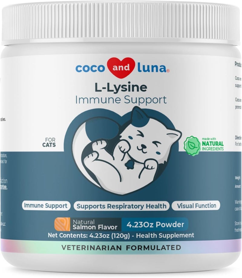 Coco and Luna مكمل L-لايسين للقطط 900 ملغ/مغرفة - مكمل للقطط لعلاج العطس وسيلان الأنف، البرد، دعم المناعة، وظيفة العين، وصحة الجهاز التنفسي - مسحوق لايسين - Image 1