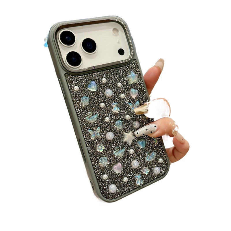غطاء واقي | نقش زهري ثلاثي الأبعاد | مليء بأحجار الراين | مقاوم للصدمات لـ iPhone 13 | رمادي - Image 1