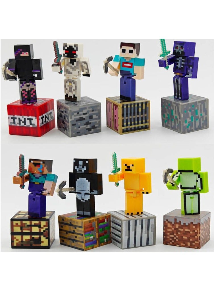 عام مجموعة دمى كلاسيكية من لعبة Minecraft، تتكون من 8 دمى بحجم 2.8 بوصة + مكعبات + زينة دمى أسلحة.