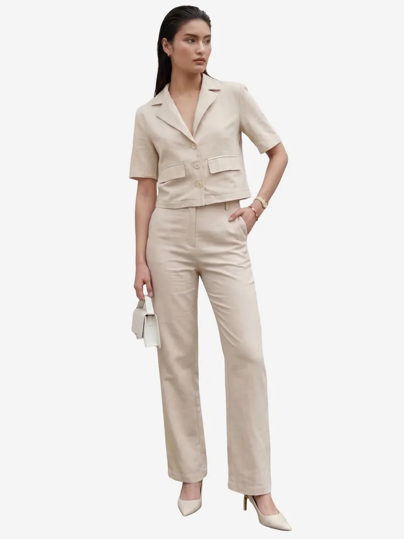 MY FASHION Beige Natural MY FASHION Shirt with Pocket Detail & Pants Two-Piece Set for Women | Best Price UAE