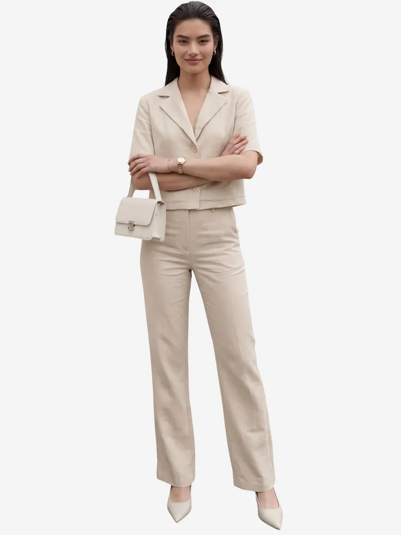 MY FASHION Beige Natural MY FASHION Shirt with Pocket Detail & Pants Two-Piece Set for Women | Best Price UAE