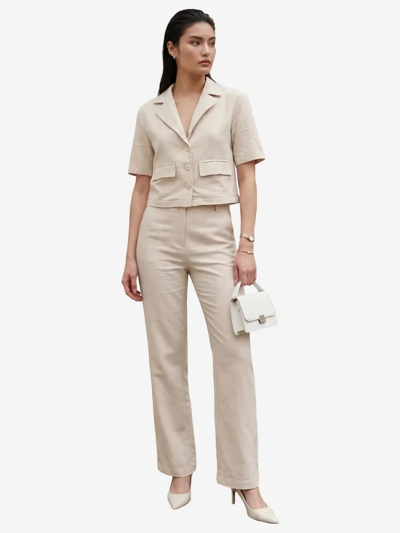 MY FASHION Beige Natural MY FASHION Shirt with Pocket Detail & Pants Two-Piece Set for Women | Best Price UAE