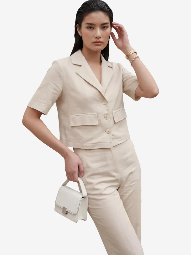 MY FASHION Beige Natural MY FASHION Shirt with Pocket Detail & Pants Two-Piece Set for Women | Best Price UAE