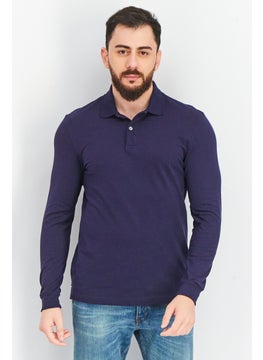 Men Regular Fit Plain Long Sleeve Polo Shirt, Navy