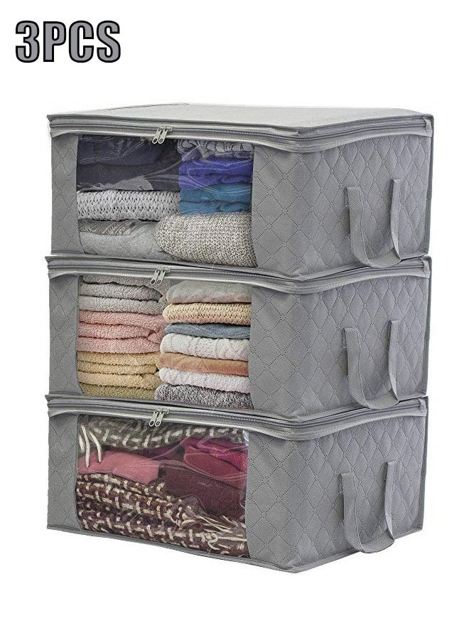 Generic 3 Piece Folding Organizer Large Capacity Nonwoven Quilt Storage Bag  Closet Organizer With Zipper Handle Home Quilt Organizer Closet Clothes Organizer Gray  - Image 1