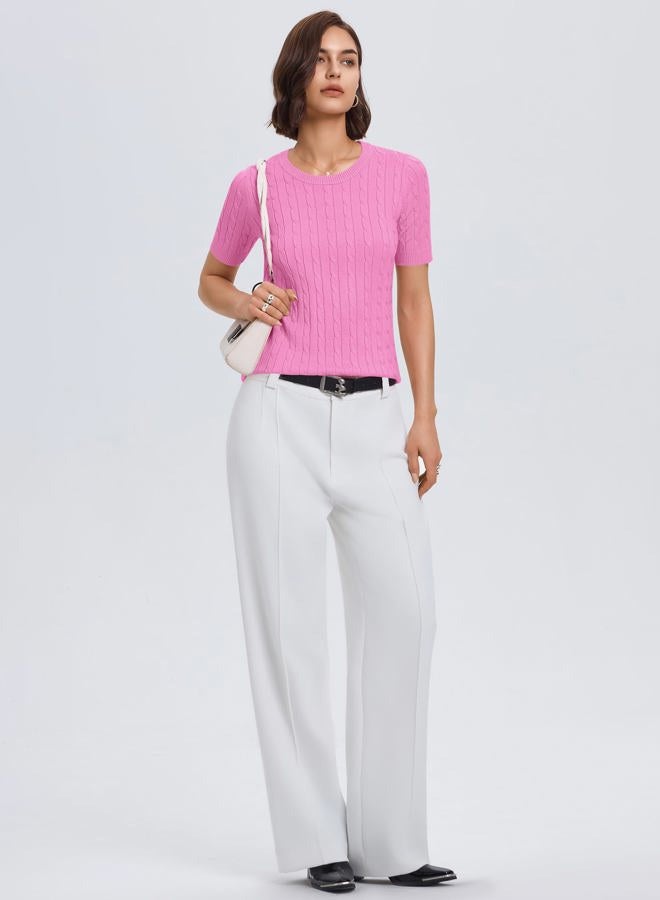 Micoson Womens Short Sleeve Cable Knit Sweater Tops Crewneck Lightweight Spring Summer Shirts Business Dressy Casual Outfits, Pink, L - Image 5