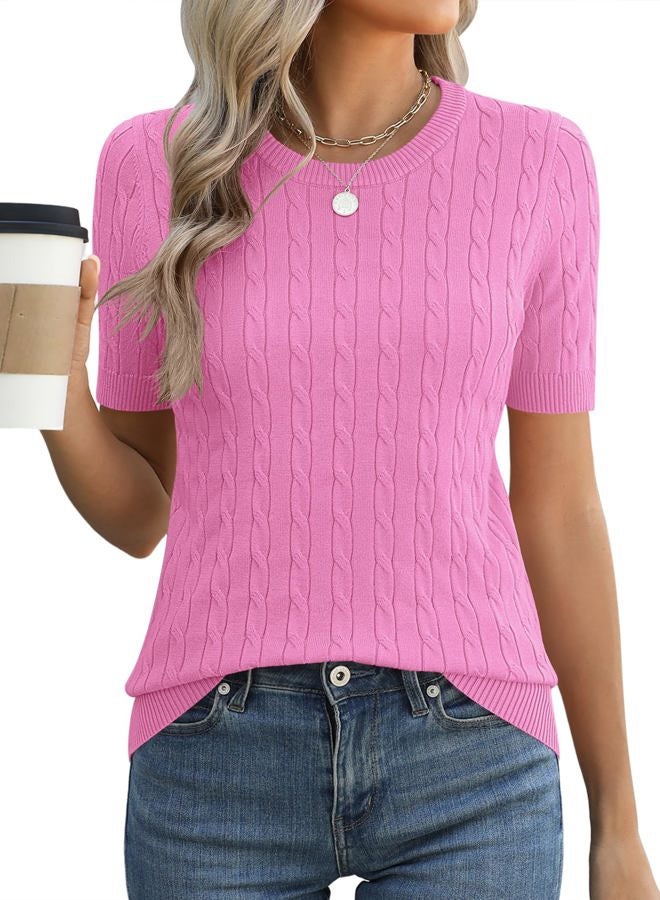 Micoson Womens Short Sleeve Cable Knit Sweater Tops Crewneck Lightweight Spring Summer Shirts Business Dressy Casual Outfits, Pink, L - Image 1