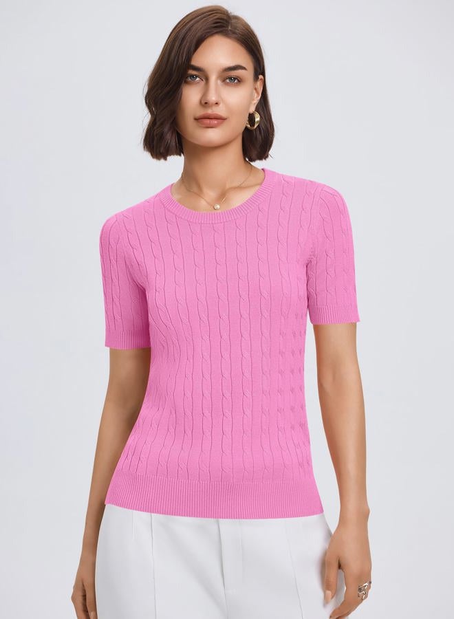 Micoson Womens Short Sleeve Cable Knit Sweater Tops Crewneck Lightweight Spring Summer Shirts Business Dressy Casual Outfits, Pink, L - Image 4