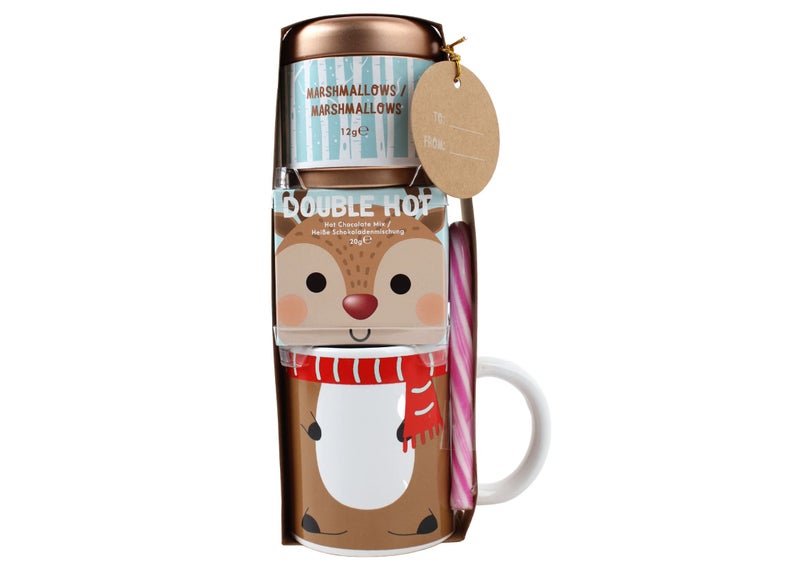 Hot Chocolate Gift Set With Reindeer Mug - Sachets, Mini Marshmallows, Candy Canes and Socks Included - Image 1
