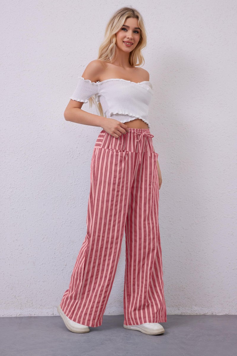MISSACTIVER Women Drawstring Striped Pants Loose Wide Leg Trousers Casual Low Waist Pants Comfy Lounge Pants with Pockets Rose Pink - Image 3