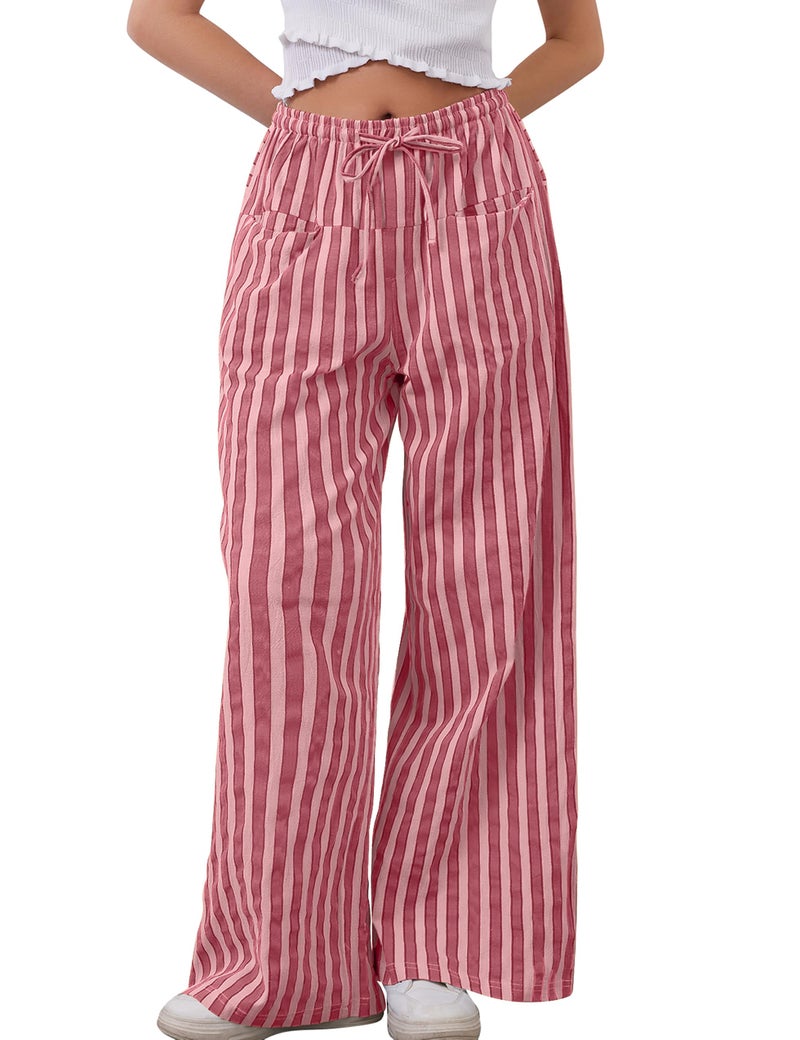 MISSACTIVER Women Drawstring Striped Pants Loose Wide Leg Trousers Casual Low Waist Pants Comfy Lounge Pants with Pockets Rose Pink - Image 1