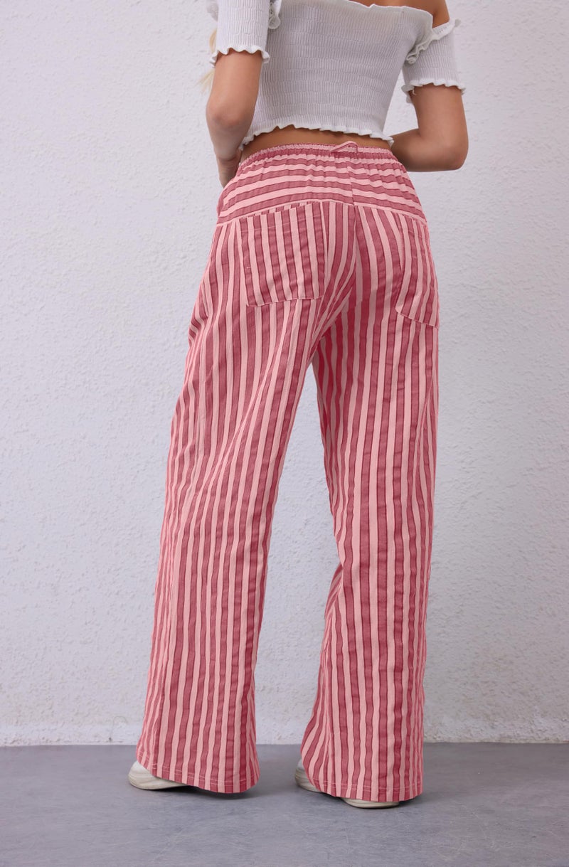 MISSACTIVER Women Drawstring Striped Pants Loose Wide Leg Trousers Casual Low Waist Pants Comfy Lounge Pants with Pockets Rose Pink - Image 4