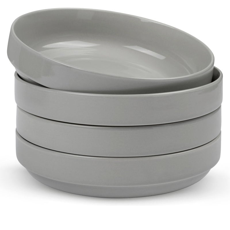 KooK Ceramic Large Pasta Bowls, Microwave and Dishwasher Safe, Great for Soups and Salads, Shallow Serving Bowls, Glossy Porcelain, 47 oz, Set of 4, Powder Grey - Image 1