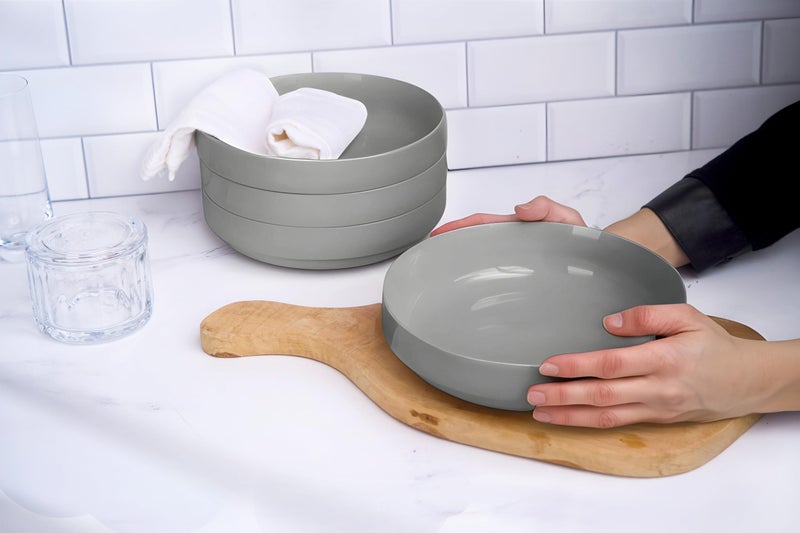 KooK Ceramic Large Pasta Bowls, Microwave and Dishwasher Safe, Great for Soups and Salads, Shallow Serving Bowls, Glossy Porcelain, 47 oz, Set of 4, Powder Grey - Image 3