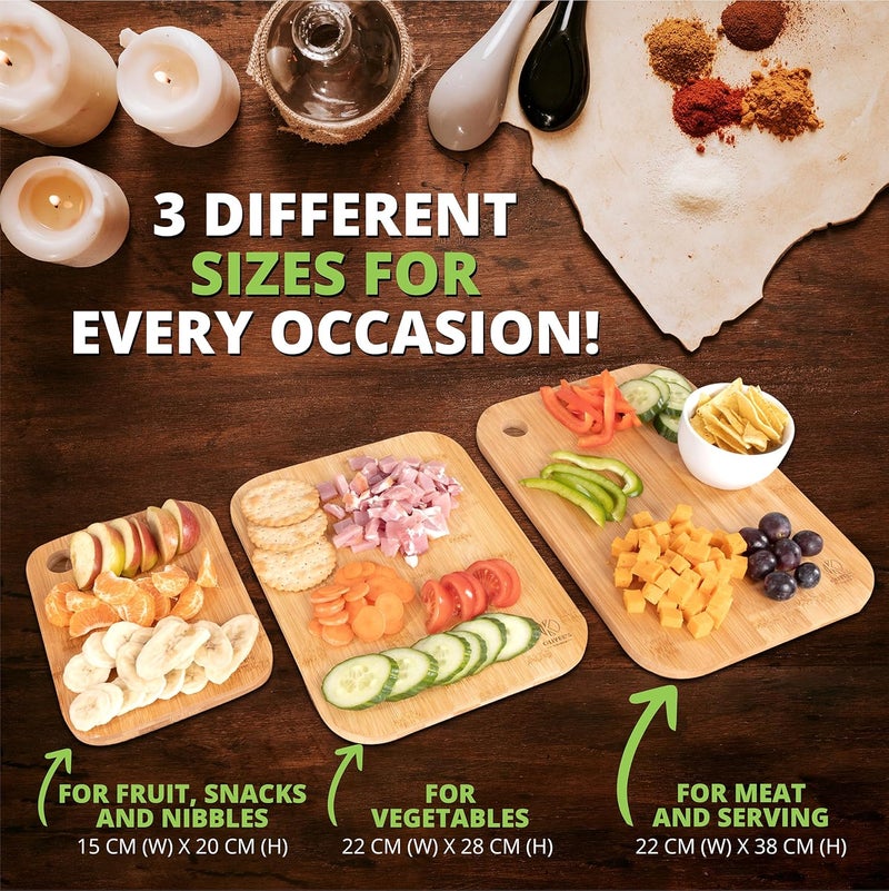 Oliver's Kitchen مجموعة ألواح تقطيع خشبية من ®، مكونة من 3 ألواح بأحجام مختلفة لكل مناسبة: تصميم جميل، متينة ومقاومة للتآكل؛ مصنوعة من خيزران عضوي طبيعي بنسبة 100%، سهلة التنظيف. - Image 3