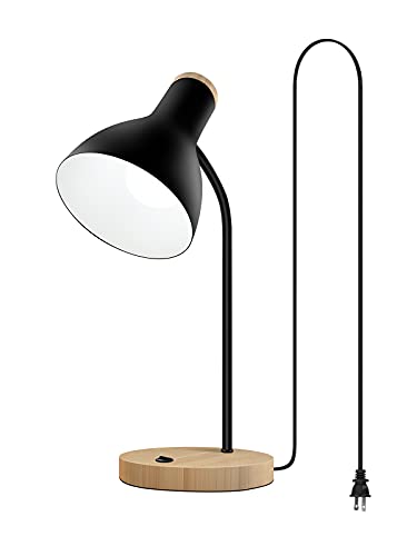LALISU Metal Desk Lamp Table Lamp Reading Lights Arc Desk Lamps for Bedroom, Wood Base Bedside Lamp with Flexible Gooseneck for Study Room and Office (Wood Base+Black) - Image 1