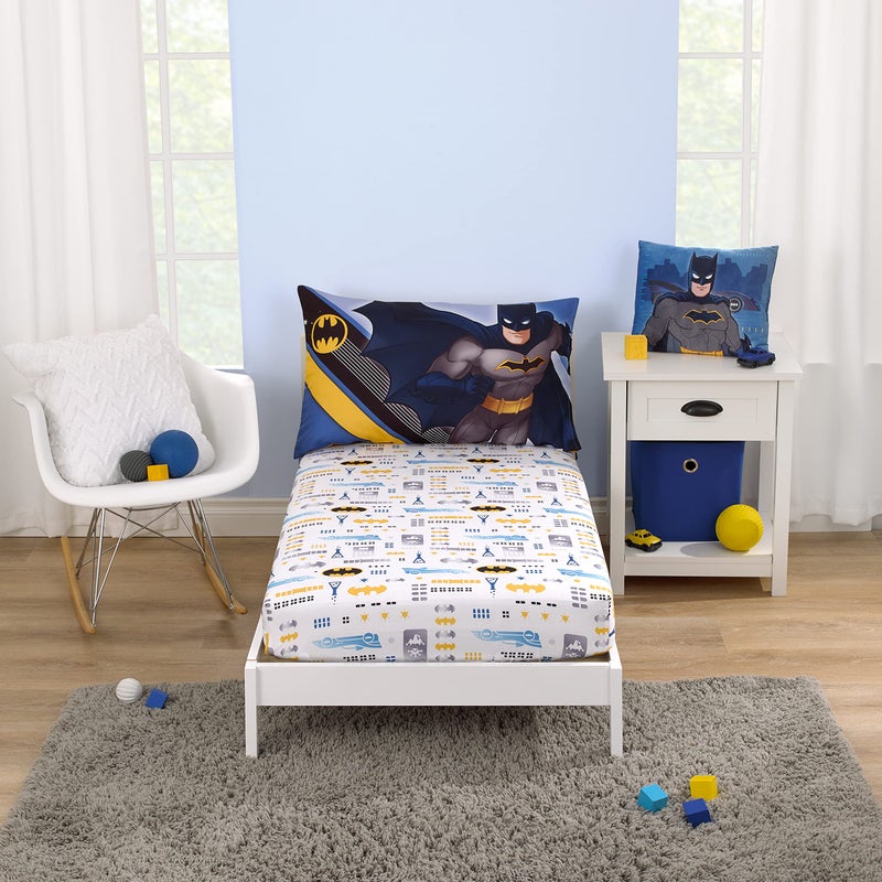 Warner Brothers Batman The Caped Crusader Blue Gray and Yellow BatSignal and Batmobile 2 Piece Toddler Sheet Set Fitted Bottom Sheet and Reversible Pillowcase