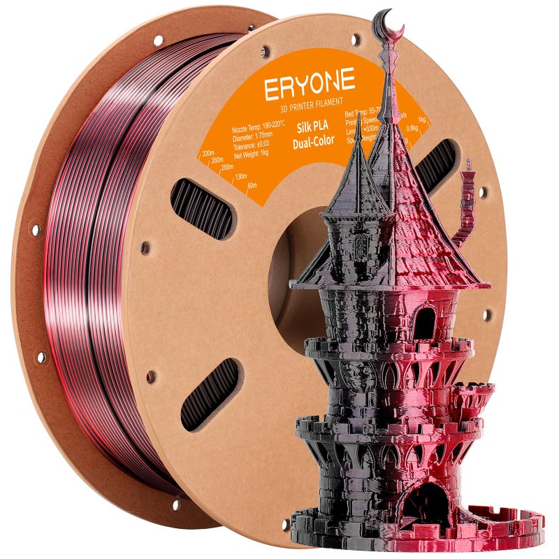 ERYONE Silk Dual Color PLA Filament 3D Printer 1.75mm +/- 0.03mm, Bicolor Filament Two Tone PLA 1KG(2.2lbs) Cardboard Spool, Black Red - Image 1