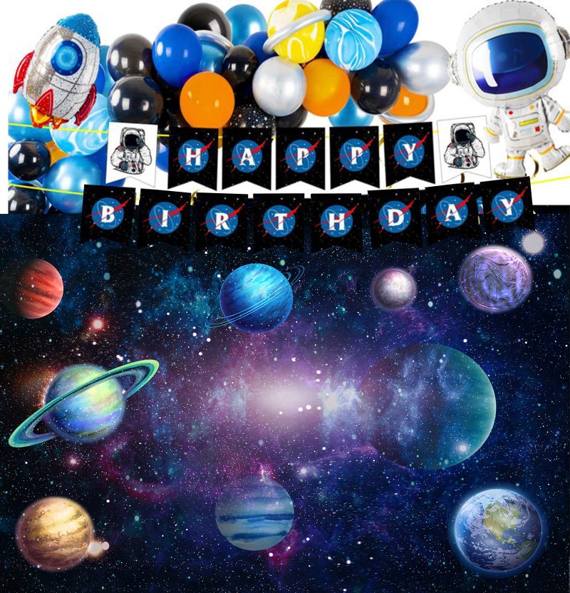 Algasan Outer Space Backdrop Galaxy Planet Party Backdrops Starry Theme Banner for Kids Boys Girls Birthday Party Photography Background Photo Studio Props Cake Table Decor 82.7x59.1'' - Image 3