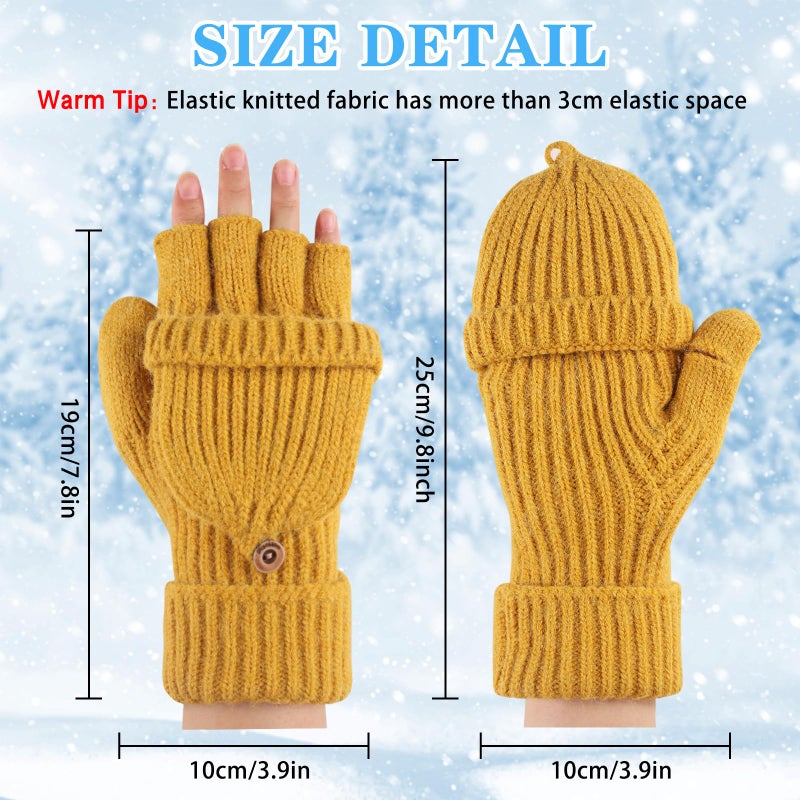 Yaopelky Winter Fingerless Gloves for Women Men Half & Full Glitter Knitted Mittens Thumb with Cap Convertible Thermal Mitten(Yellow(thumb with cap), One Size for most adults) - Image 3