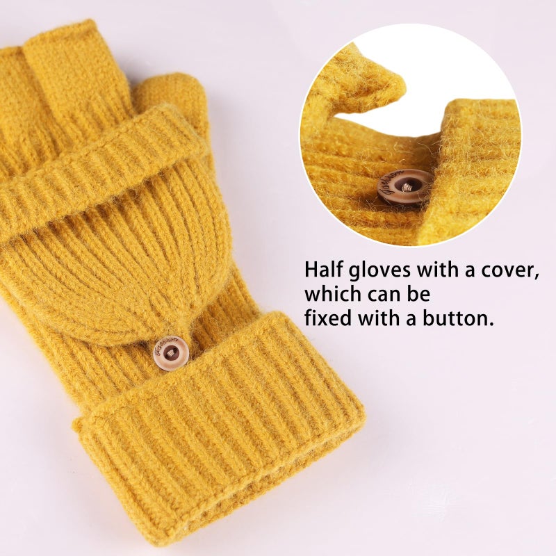 Yaopelky Winter Fingerless Gloves for Women Men Half & Full Glitter Knitted Mittens Thumb with Cap Convertible Thermal Mitten(Yellow(thumb with cap), One Size for most adults) - Image 2