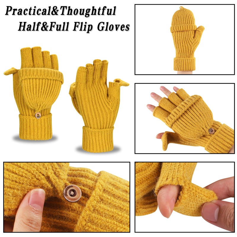 Yaopelky Winter Fingerless Gloves for Women Men Half & Full Glitter Knitted Mittens Thumb with Cap Convertible Thermal Mitten(Yellow(thumb with cap), One Size for most adults) - Image 4
