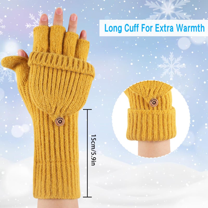 Yaopelky Winter Fingerless Gloves for Women Men Half & Full Glitter Knitted Mittens Thumb with Cap Convertible Thermal Mitten(Yellow(thumb with cap), One Size for most adults) - Image 5