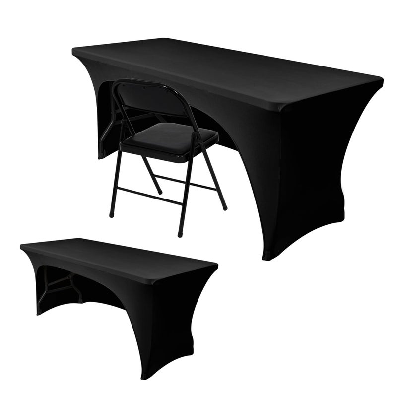 Nasitos 2 Pack Black Table Cloth 6 FootSpandex Fitted Tablecloth Rectangle Tables Open Back Stretch Folding Trade Show Table Covers Fabric Washable Wrinkle Resistant for Parties Wedding Event