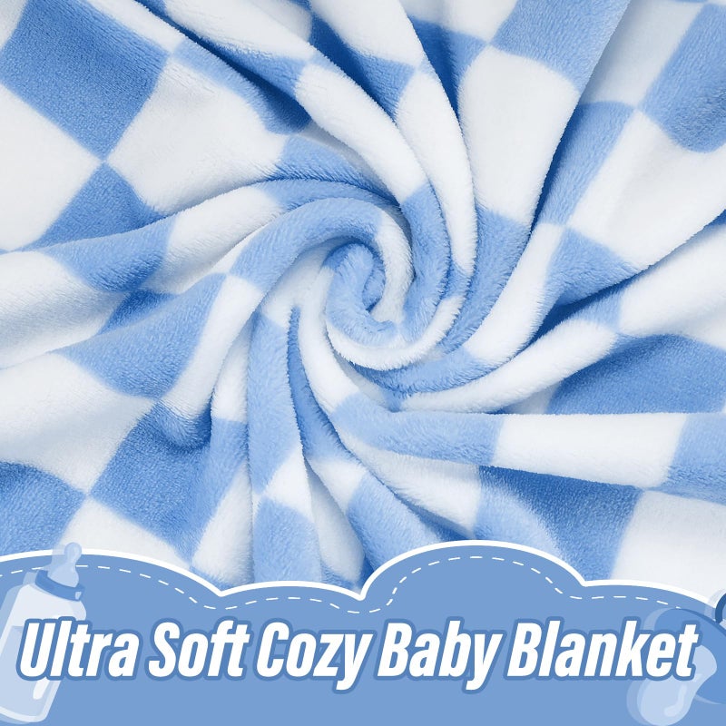 GreatBba Plush Checkered Baby Blanket for Boys Girls Nursery, 30"*40" Warm Short Fleece Blanket Neutral for Infant Newborn, Small Fuzzy for Sleeping, Chenille Baby for Stroller (Blue&White) - Image 2