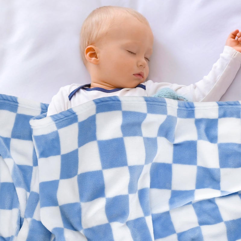 GreatBba Plush Checkered Baby Blanket for Boys Girls Nursery, 30"*40" Warm Short Fleece Blanket Neutral for Infant Newborn, Small Fuzzy for Sleeping, Chenille Baby for Stroller (Blue&White) - Image 4