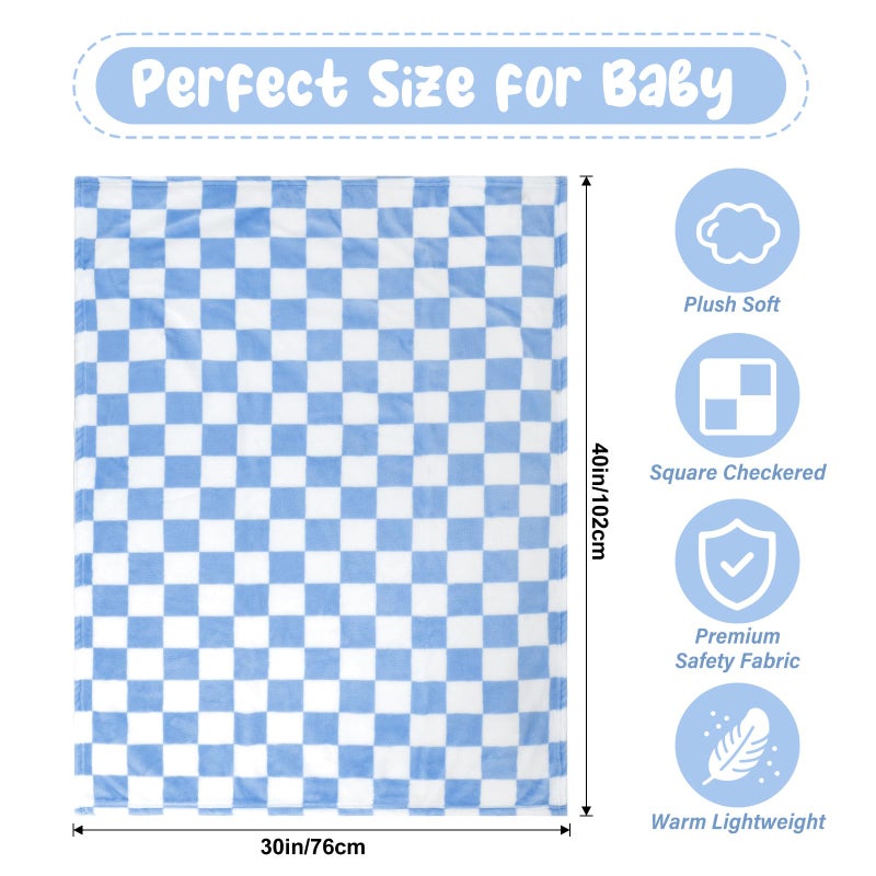 GreatBba Plush Checkered Baby Blanket for Boys Girls Nursery, 30"*40" Warm Short Fleece Blanket Neutral for Infant Newborn, Small Fuzzy for Sleeping, Chenille Baby for Stroller (Blue&White) - Image 5