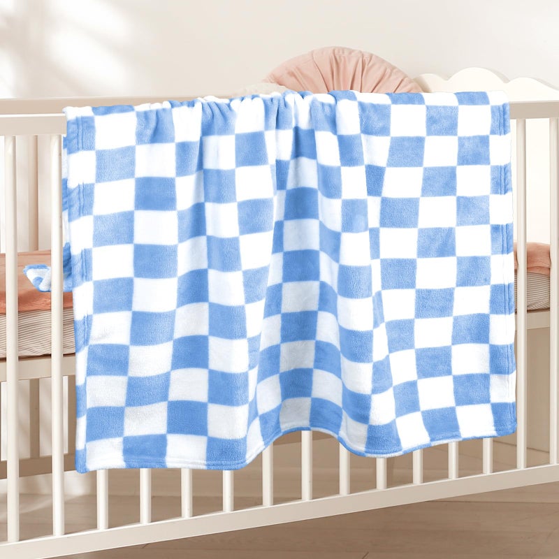 GreatBba Plush Checkered Baby Blanket for Boys Girls Nursery, 30"*40" Warm Short Fleece Blanket Neutral for Infant Newborn, Small Fuzzy for Sleeping, Chenille Baby for Stroller (Blue&White) - Image 3