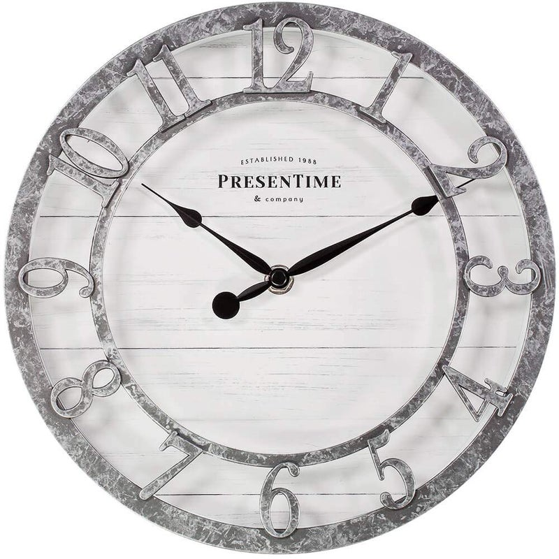 Presentime  Co 10 Farmhouse Series Wall Clock Quartz Movement Shiplap Style Raised 3D Arabic Numeral Galvanized Finish