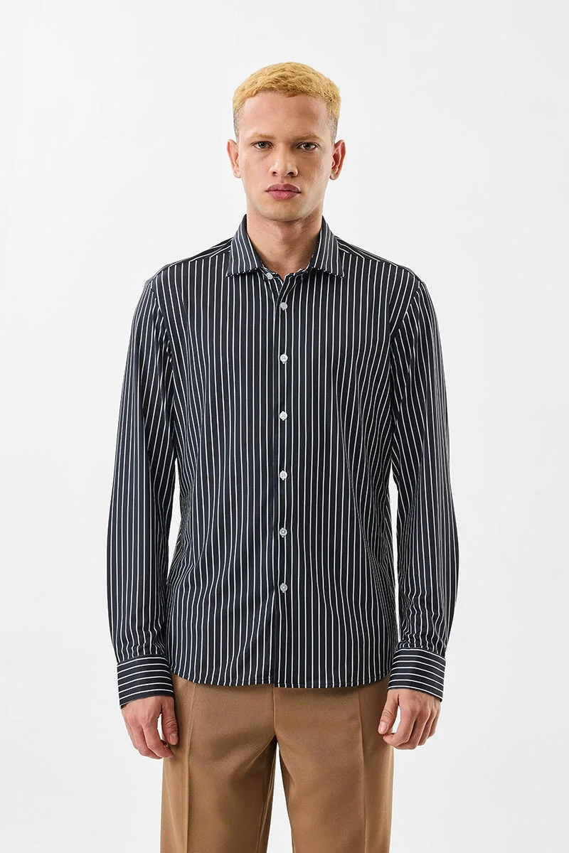 سنيتش Black Striped Long Sleeve Slim Fit Shirt