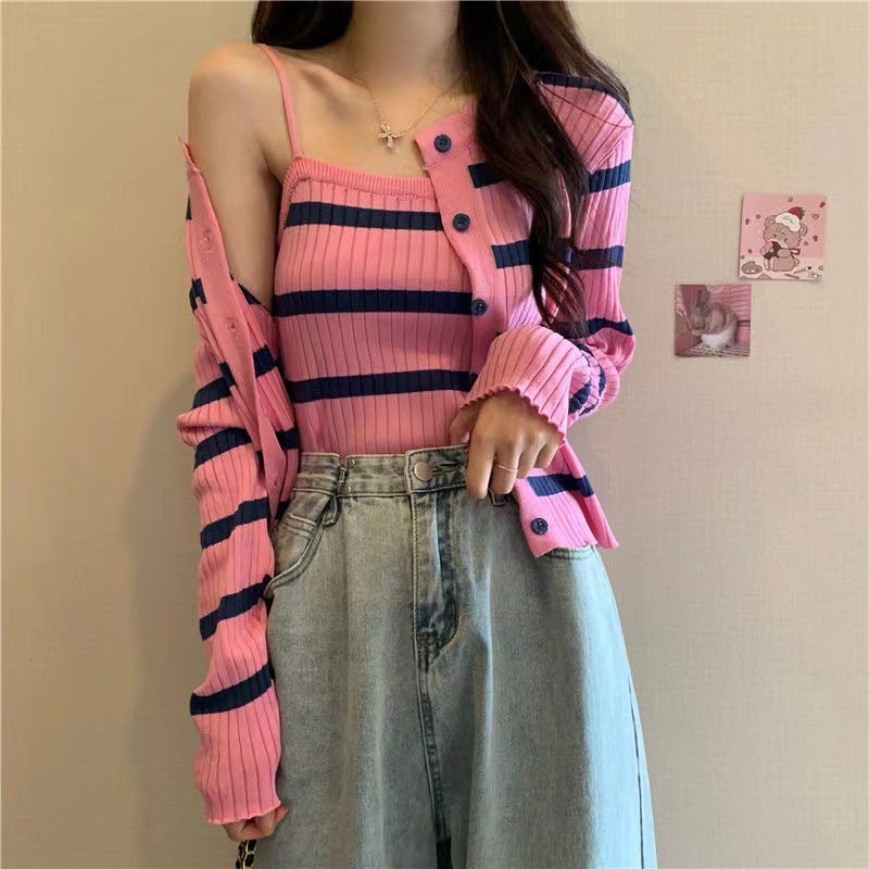 Striped Knit Cardigan  Tank Top Set for Women 6A76-1 pink/blue vest 