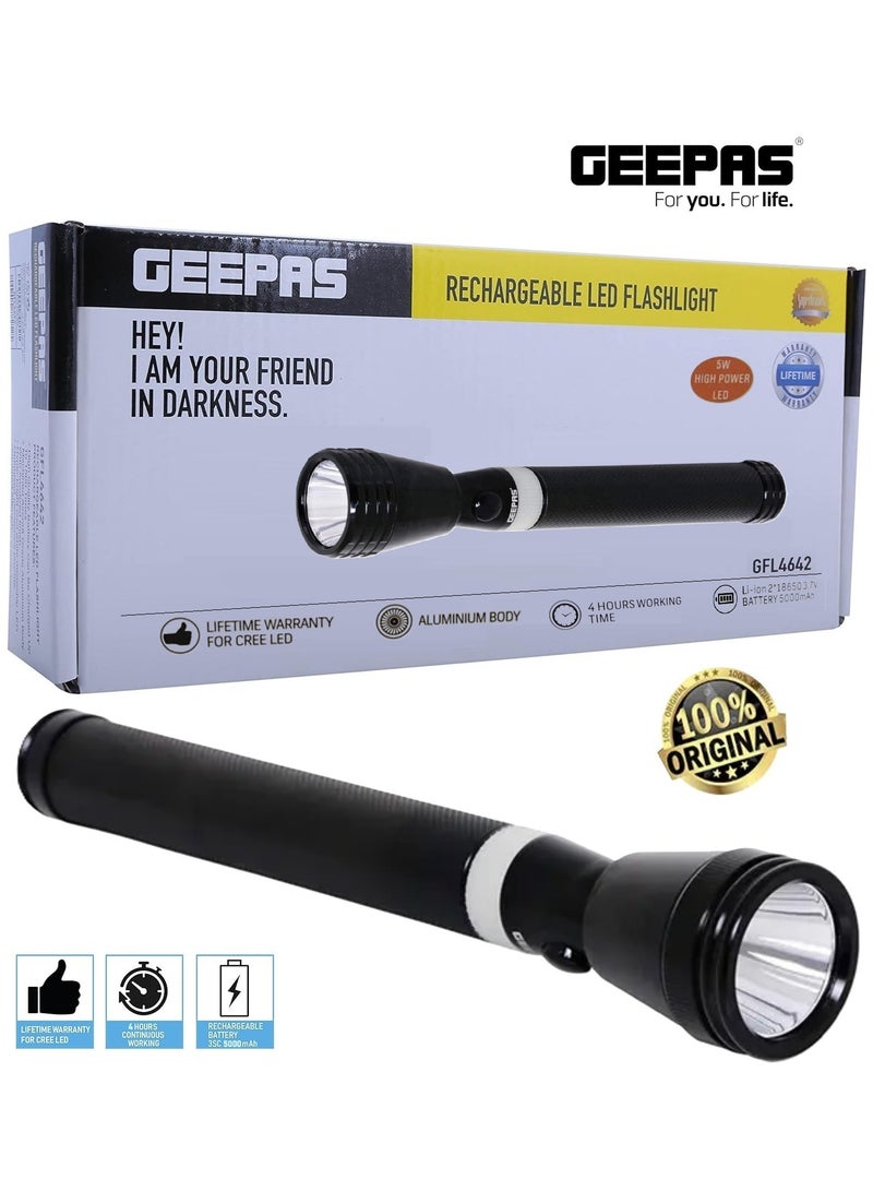 GEEPAS Rechargeable LED Flashlight - LED Torch – Long-Range Brightness and Durable Performance with 1800 Meters Range, Portable Design, 4 Hours Working, Perfect for Camping Bicycle Hiking and Emergency Black/White 285mm (GFL4642) - Image 1