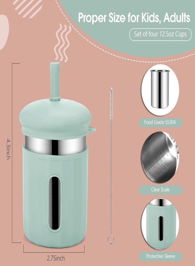 Beyoung Kids Cups with Straws and Lids, 12.5oz Stainless Steel Kids Straw Cups with Silicone Sleeves, Spill Proof, Durable Drinking Cups for Kid and Adults,4PACK (Beige+Brown+Green+Pink) - Image 2