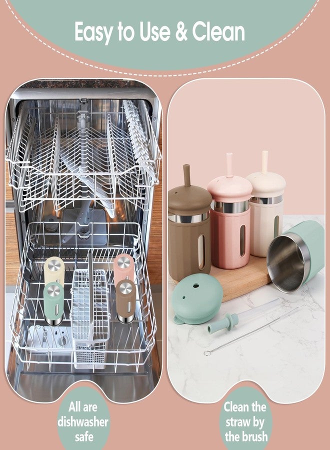 Beyoung Kids Cups with Straws and Lids, 12.5oz Stainless Steel Kids Straw Cups with Silicone Sleeves, Spill Proof, Durable Drinking Cups for Kid and Adults,4PACK (Beige+Brown+Green+Pink) - Image 5