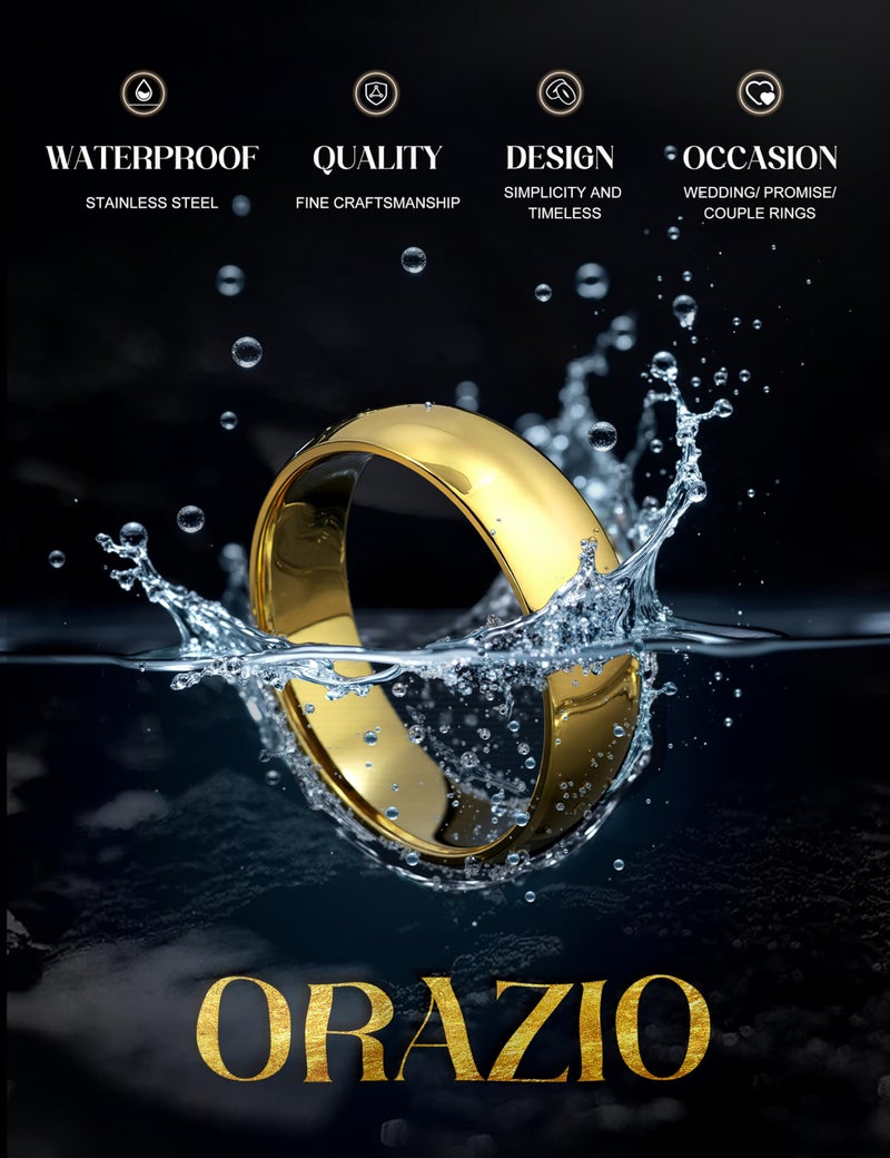 ORAZIO Mens Rings Stainless Steel Wedding Band for Men Women 6MM Gold Simple Domed Wedding Bands Ring High Polish Comfort Fit Size 10 Gold Rings for Men - Image 2