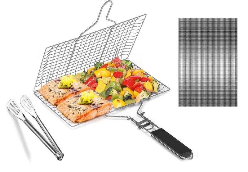 Freshome Portable BBQ Barbeque Grill Basket with Tongs for Multi-Purpose Grilling Net Roti Maker, Jali Roaster Chapati Toast Grill, Baigan Bharta (BBQ Net+11" Tongs+Grill Mat) - Image 1