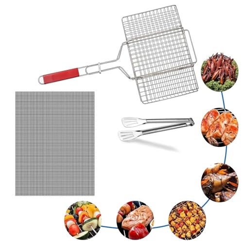 Freshome Portable BBQ Barbeque Grill Basket with Tongs for Multi-Purpose Grilling Net Roti Maker, Jali Roaster Chapati Toast Grill, Baigan Bharta (BBQ Net+11" Tongs+Grill Mat) - Image 2