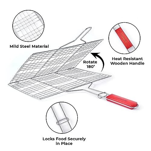 Freshome Portable BBQ Barbeque Grill Basket with Tongs for Multi-Purpose Grilling Net Roti Maker, Jali Roaster Chapati Toast Grill, Baigan Bharta (BBQ Net+11" Tongs+Grill Mat) - Image 3