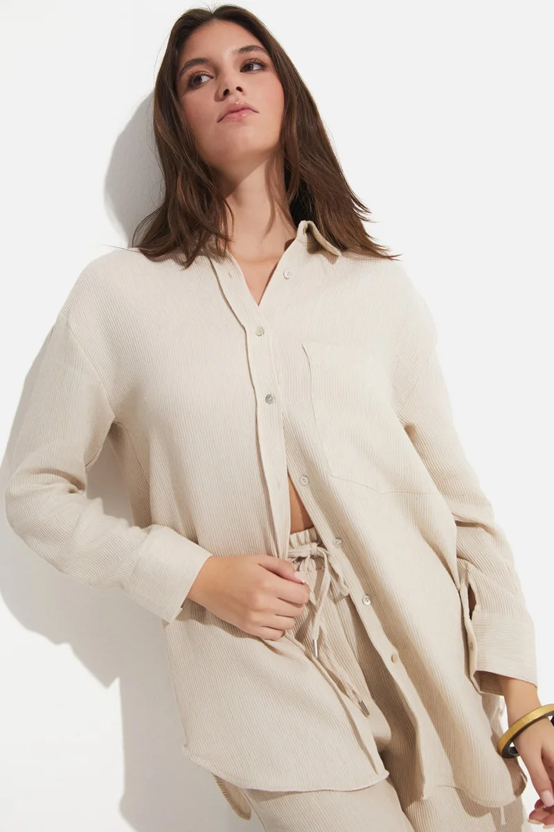 JUNE Women's Exclusive Regular/normal Pattern Linen Viscose Blend Pocket Detail Shirt