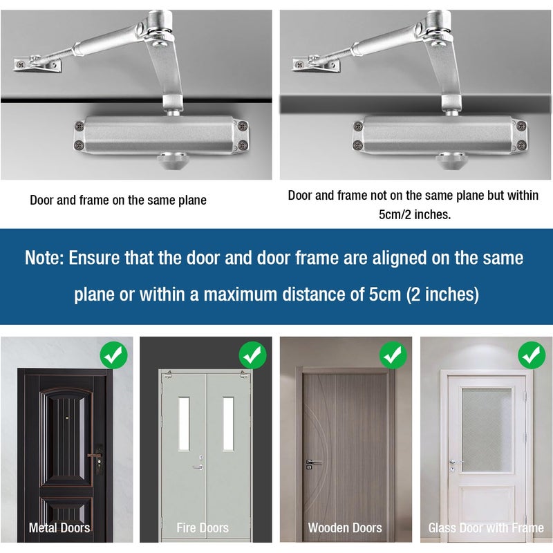 Ougourim Door Closers Commercial Heavy Duty Automatic Door Closer Residential Grade 3 Spring Hydraulic Door Closer Silver Aluminium - Image 4