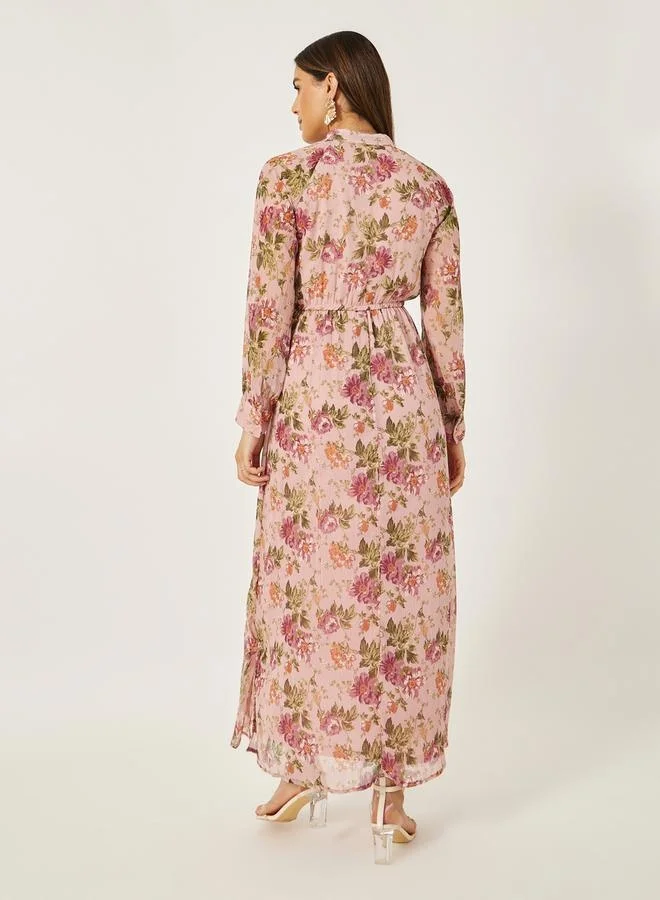 Styli Floral Print A-Line Maxi Dress with Tie-Up Neck Detail