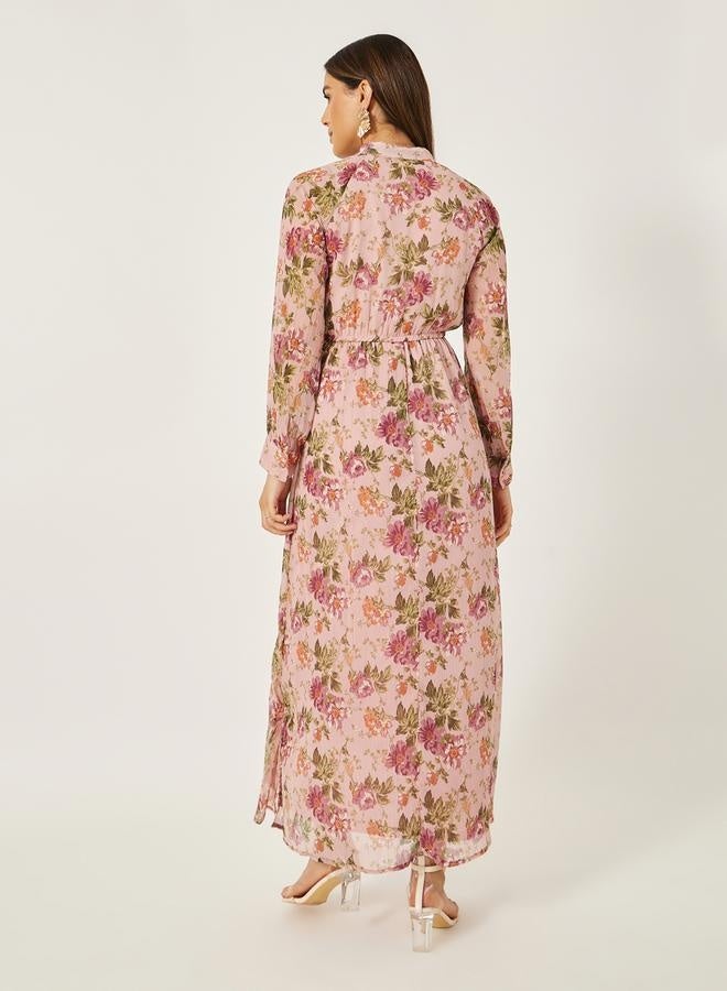 Styli Floral Print A-Line Maxi Dress with Tie-Up Neck Detail - Image 4