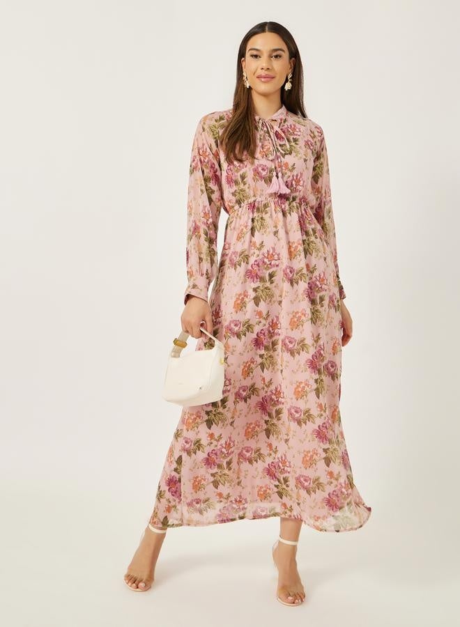Styli Floral Print A-Line Maxi Dress with Tie-Up Neck Detail - Image 1