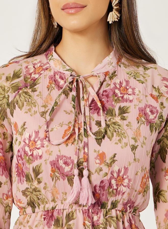 Styli Floral Print A-Line Maxi Dress with Tie-Up Neck Detail - Image 3