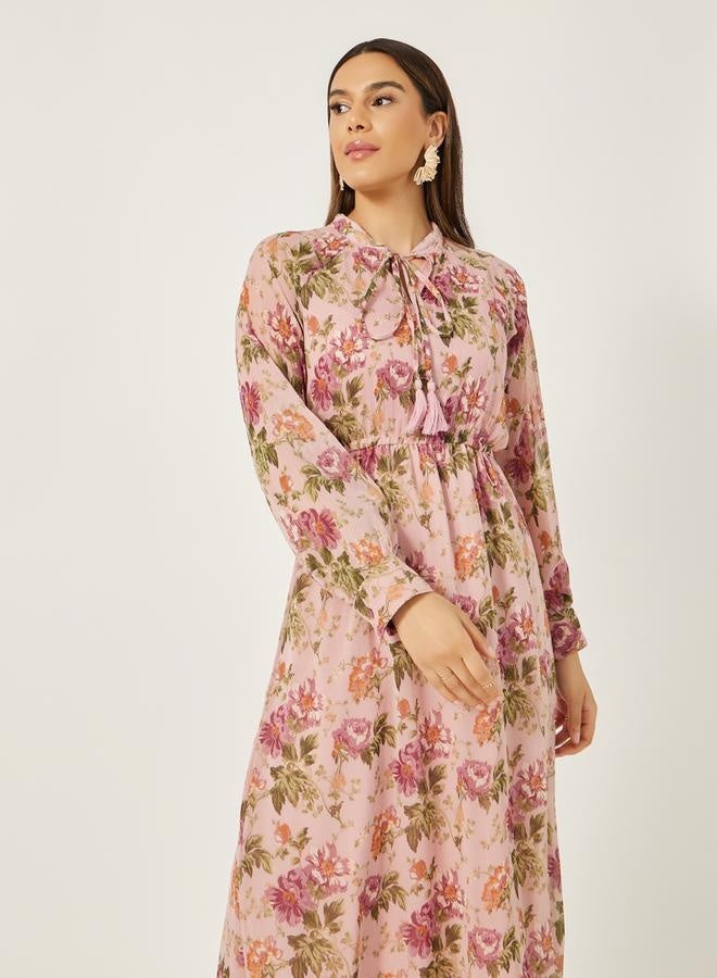 Styli Floral Print A-Line Maxi Dress with Tie-Up Neck Detail - Image 2