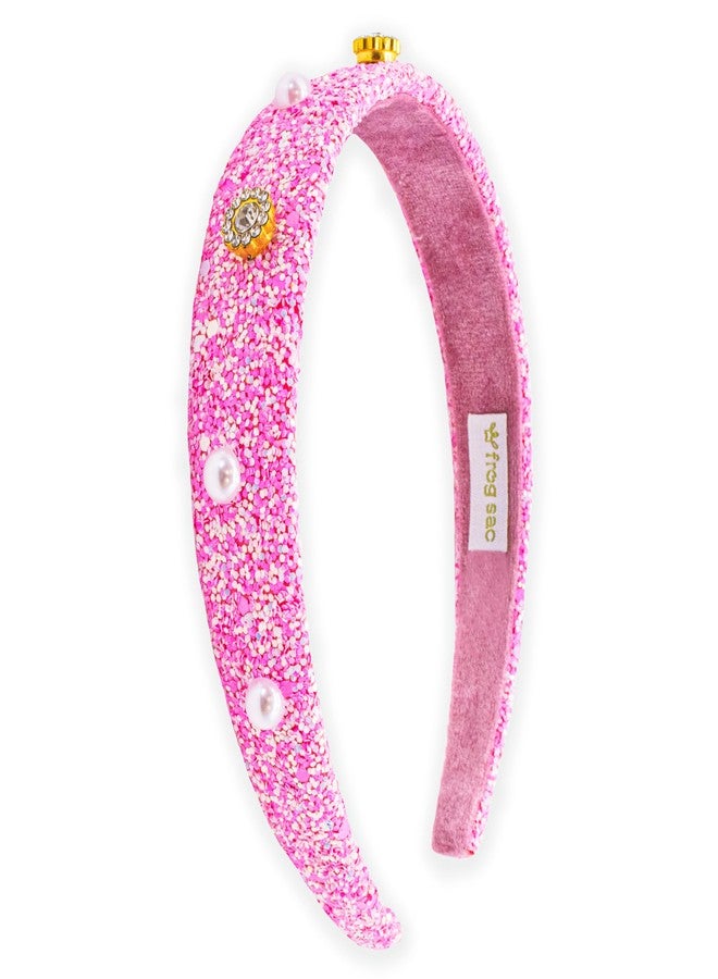 FROG SAC Glitter Headbands for Girls, Pink Hair Bands for Little Girl Hair Accessories, Sparkly Wide Pearl Stud Headband for Kids, Studded Head Band for Children, Thick Sparkle Bling Hairband - Image 1